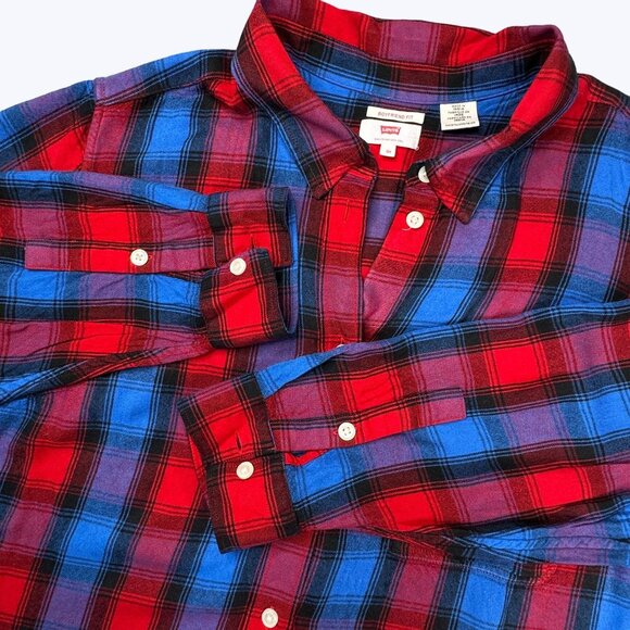 Levis Women's Long Sleeve Flannel Button Front Shirt Size 2X Red and Blue‎ - Picture 1 of 10